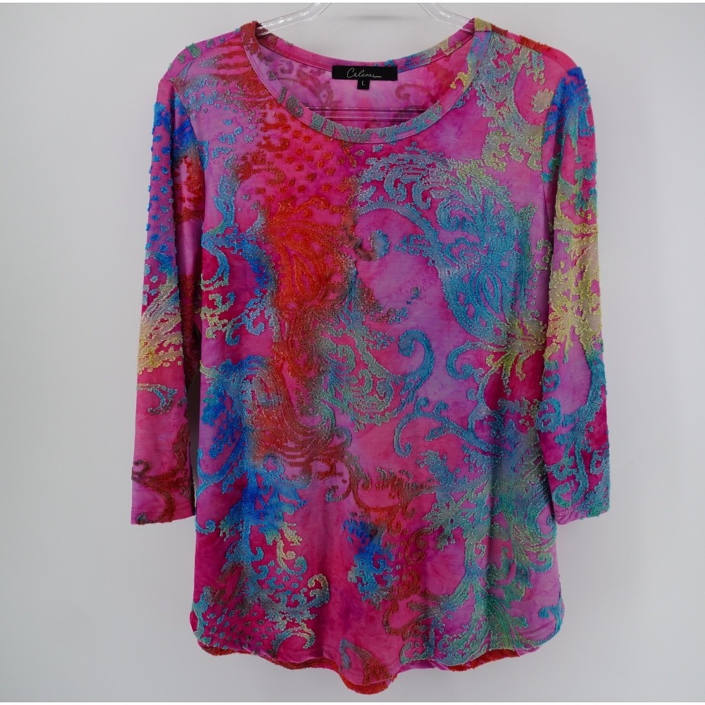 Calessa Pink Tie Dye Burnout Paisley 3/4 Sleeve Top Large Artsy Boho